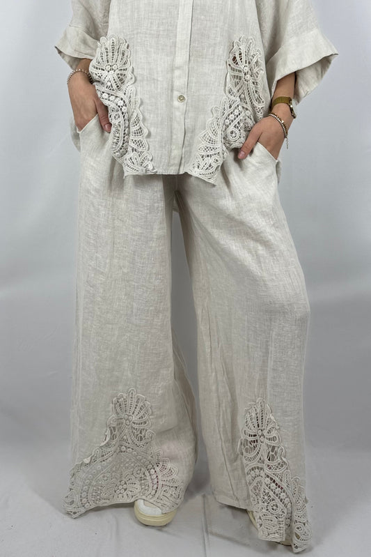 Leinen Hose mit Spitze – Luftiger Oversize Fit-Beige