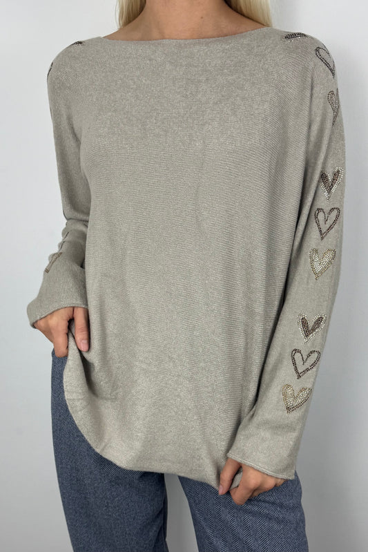 Feinstrick Pullover mit Glitzer-Herz-Details-Beige