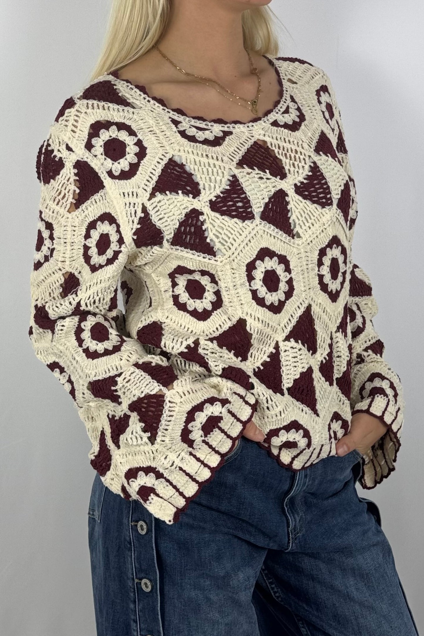 Damen Häkelpullover – Boho Style-Schoko