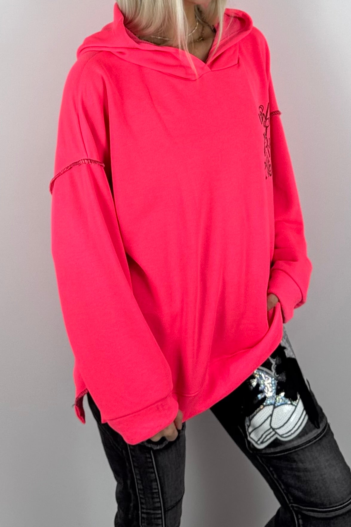 Damen-Hoodie mit Schriftprint und Ziernähten-Neon Pink