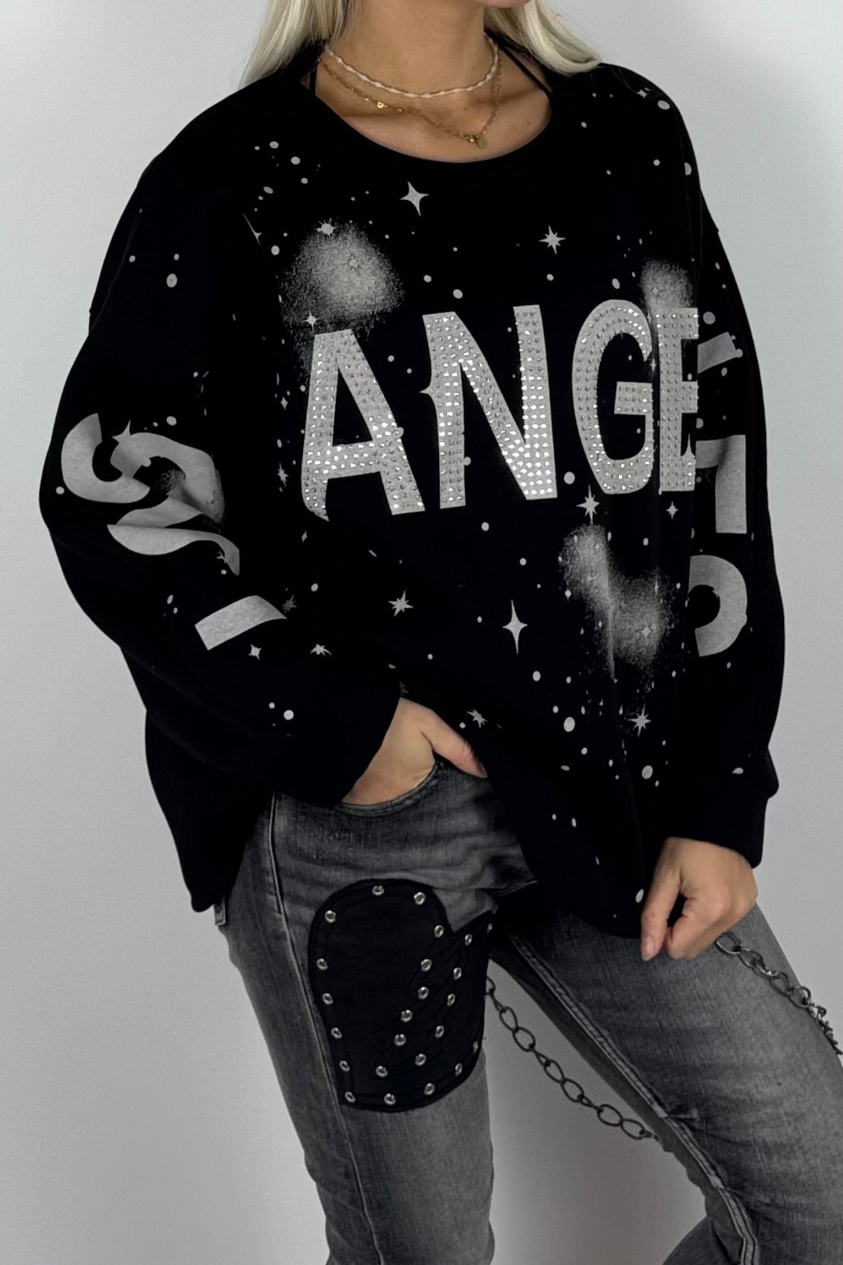 Damen-Sweatshirt mit „Los Angeles“-Schriftzug und Glitzersteinen - Schwarz