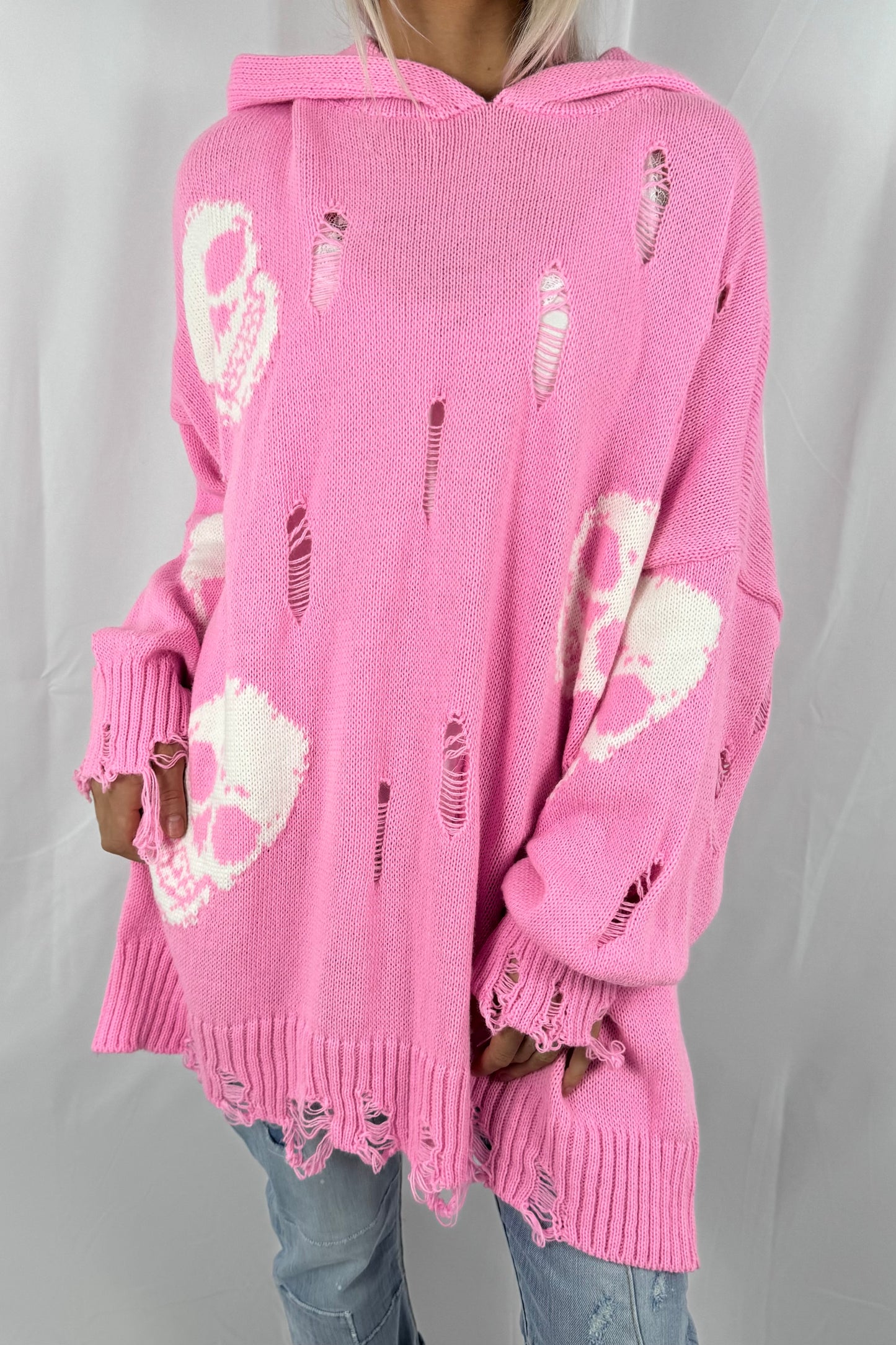 Pullover mit Totenkopf-Print und Kapuze-B-Pink