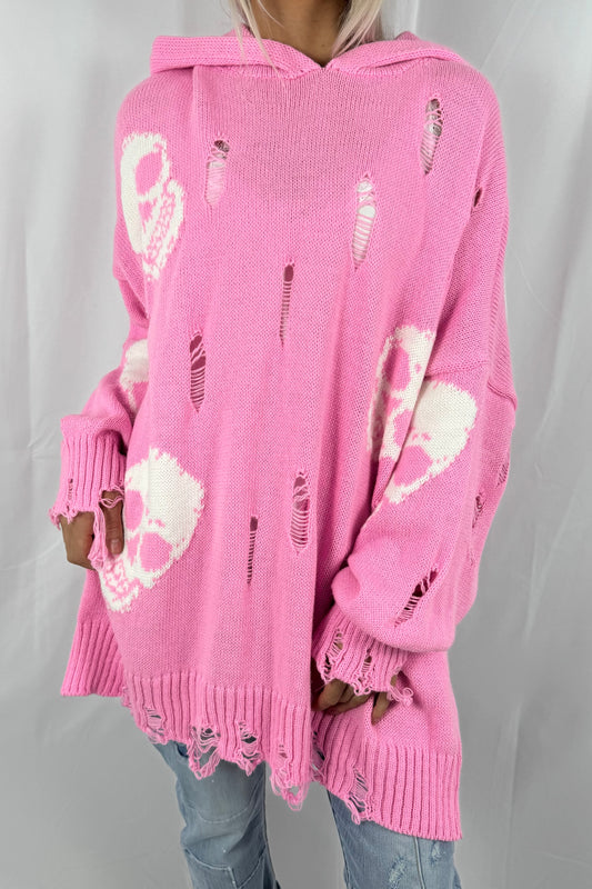 Pullover mit Totenkopf-Print und Kapuze-B-Pink