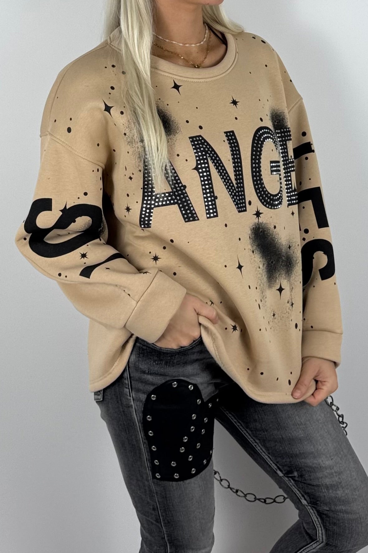 Damen-Sweatshirt mit „Los Angeles“-Schriftzug und Glitzersteinen - Beige