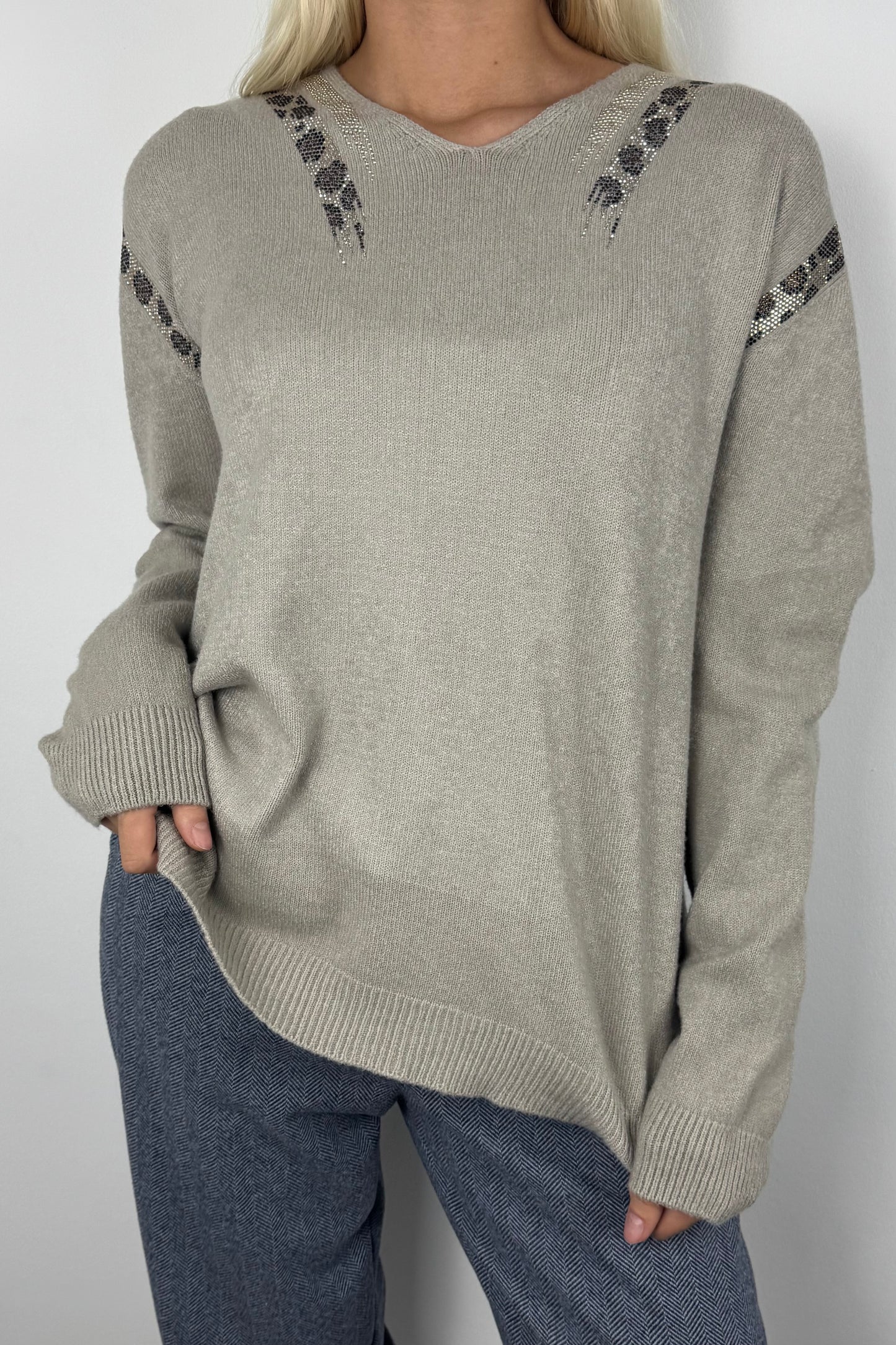 Feinstrick Pullover mit Glitzer-Details und V-Ausschnitt-Beige