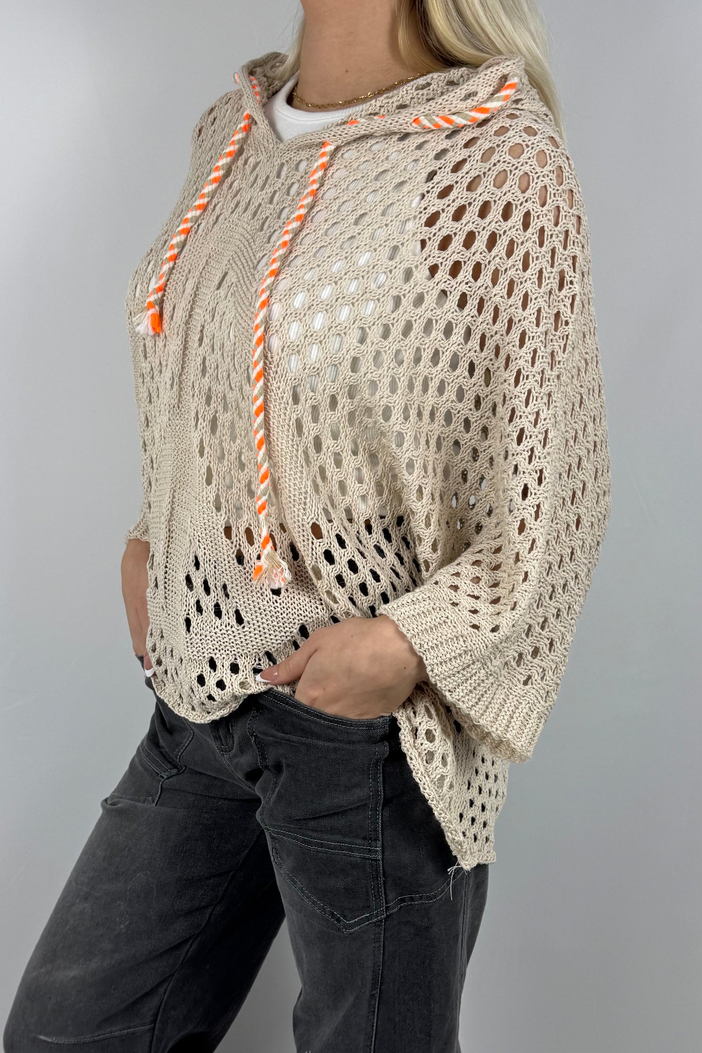 Häkel Hoodie Shirt mit Lochmuster Damen-Beige