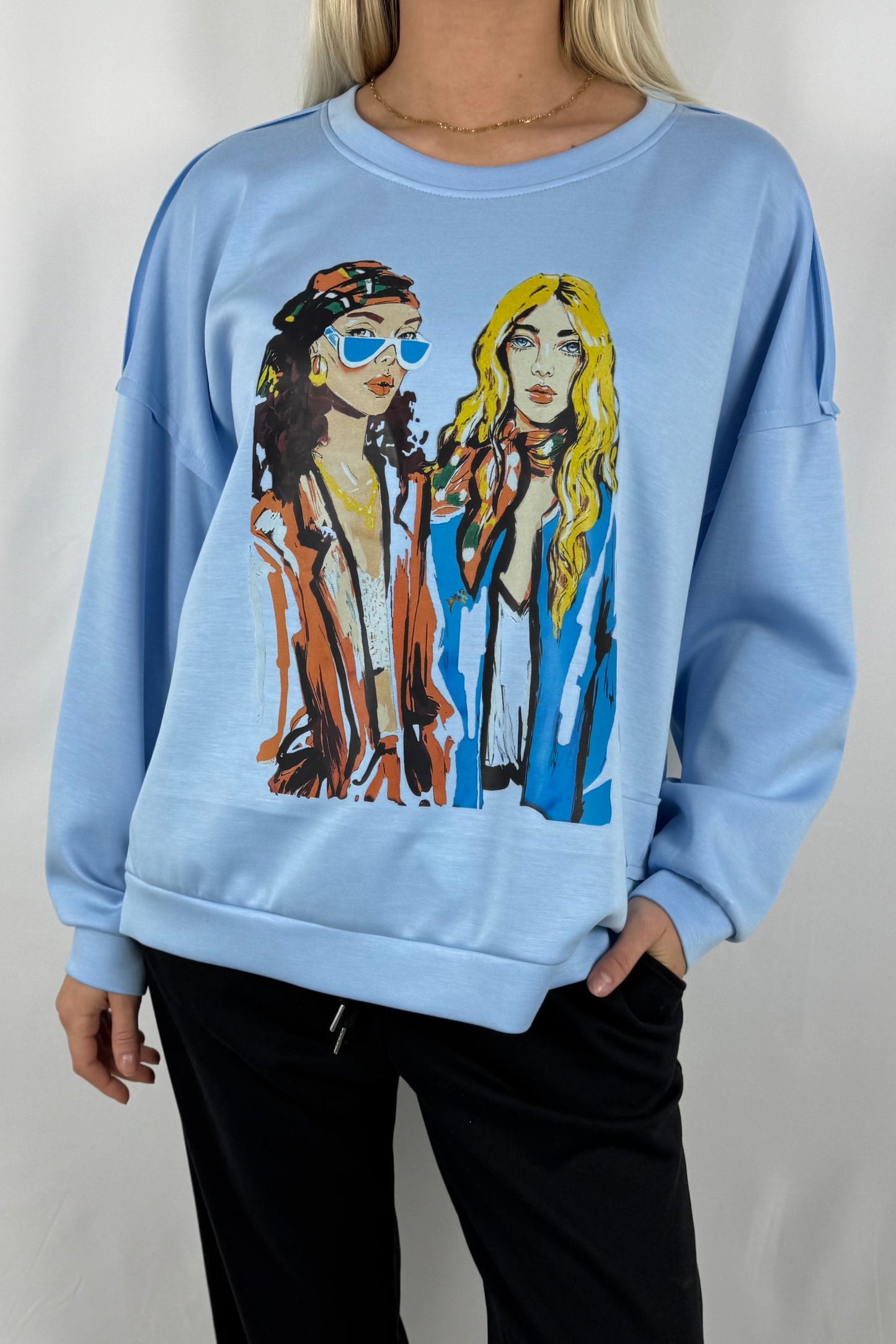 Oversize Damen Sweatshirt mit Fashion Print-Hellblau