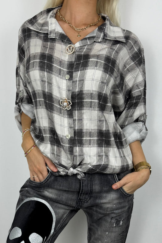 Leichte Karobluse mit Knotendetail – Grey