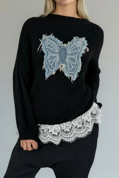 Strick Shirt mit Schmetterlings-Applikation & Spitzenabschluss-Schwarz