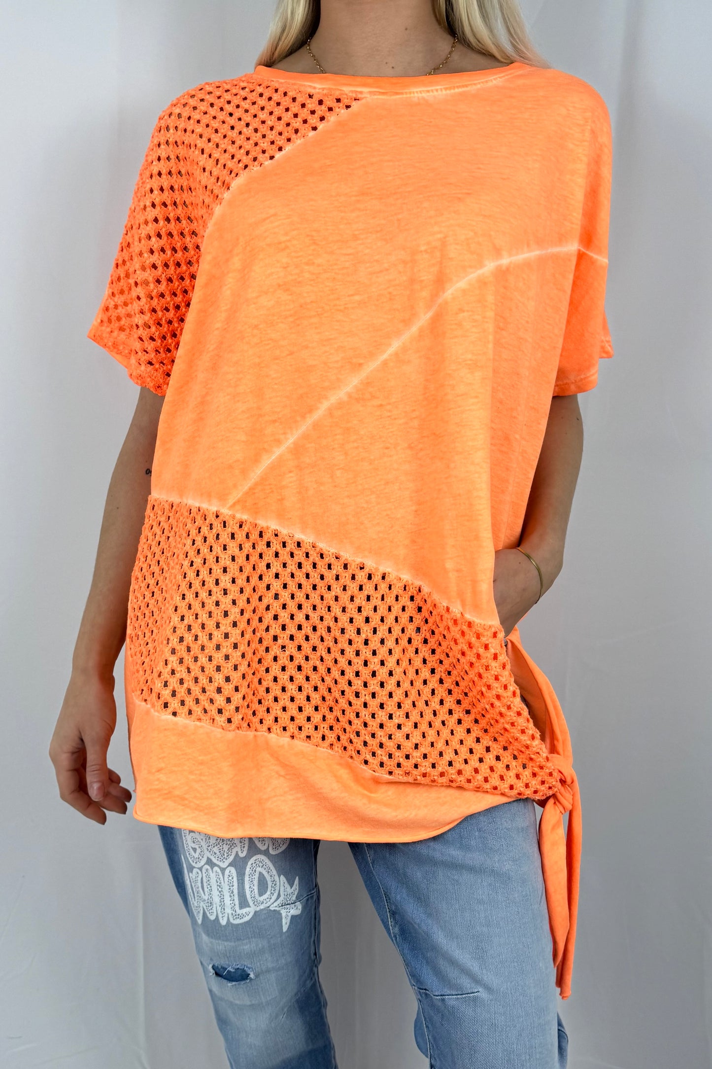 Damen Oversize Shirt mit Netz Einsatz und Bindeband-Neon Orange