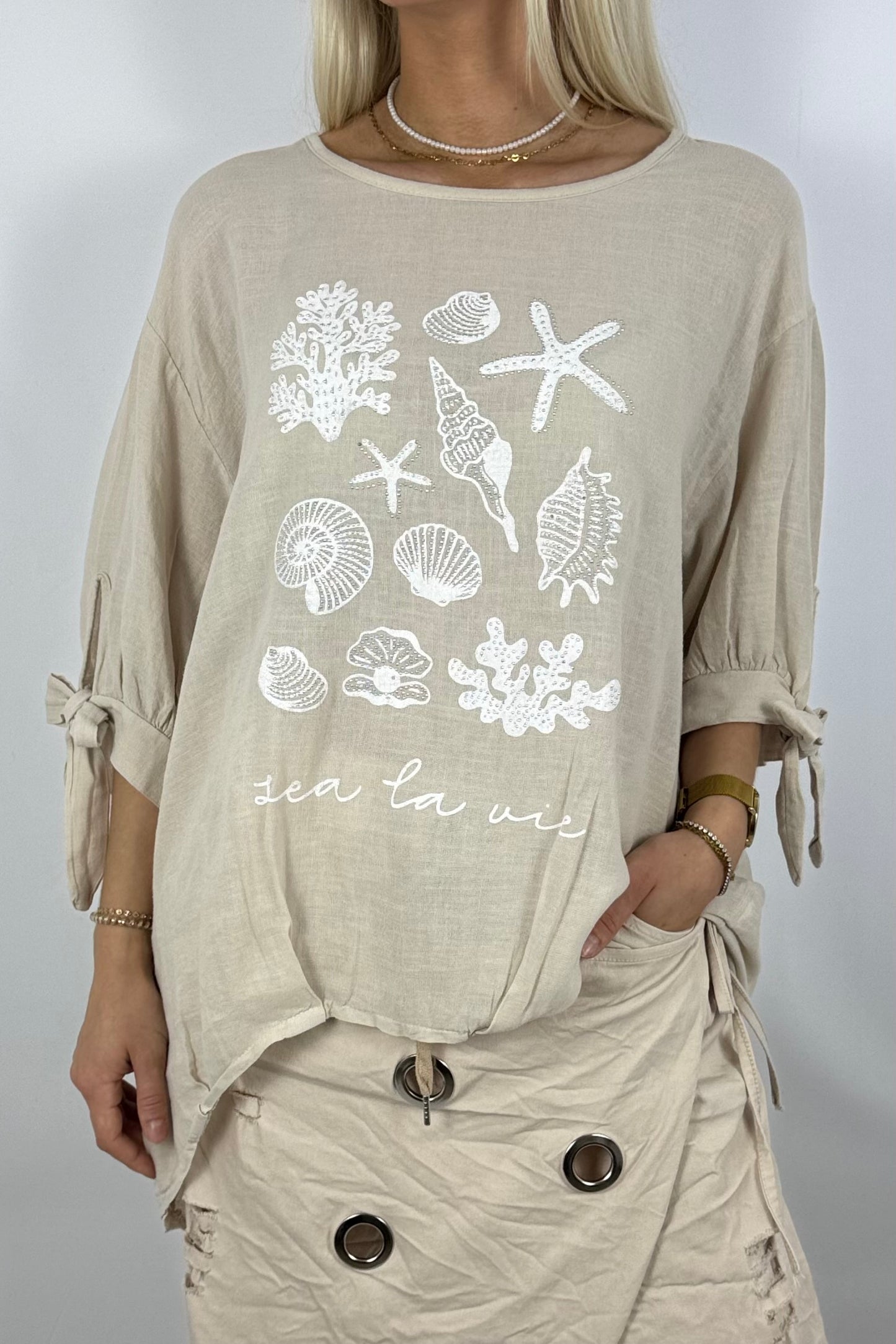 Leinenmix-Shirt „Sea La Vie“-Beige