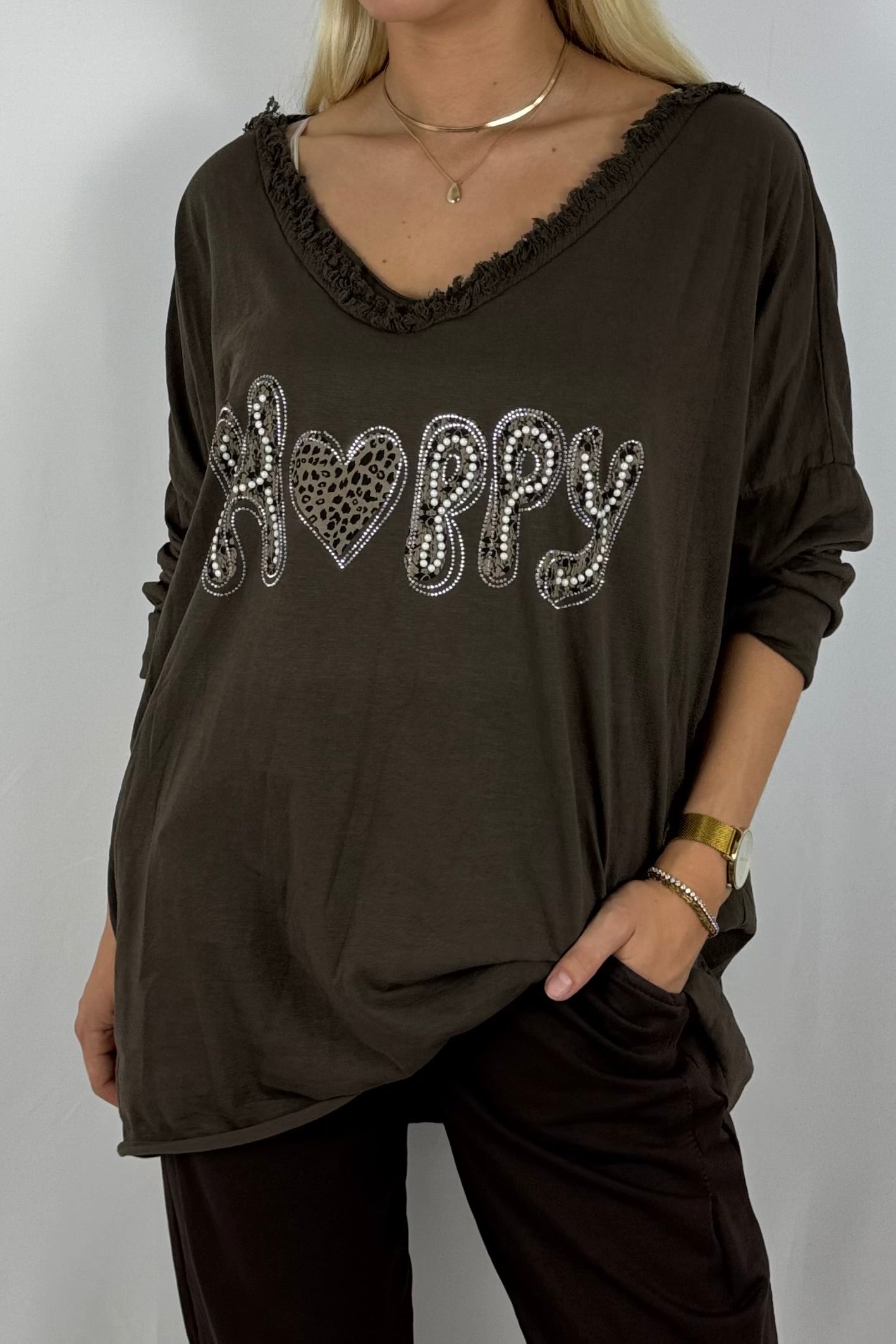 Damen Oversize Shirt – Happy Print-Schoko