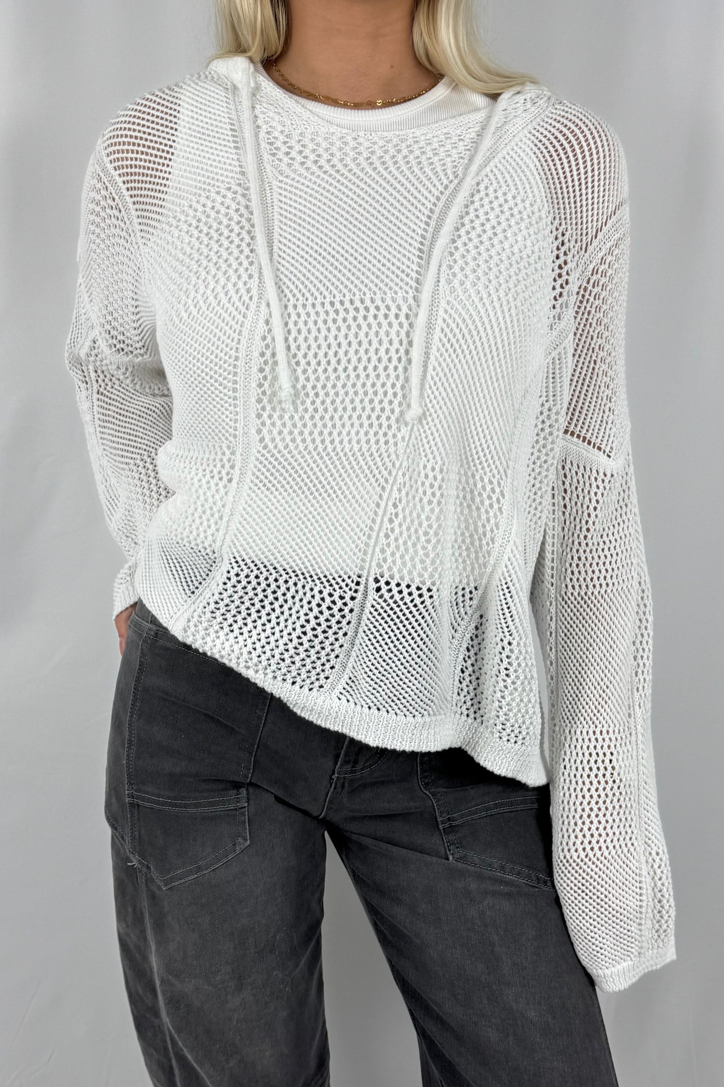 Damen Strick Sweatshirt mit Netzstruktur-Weiß