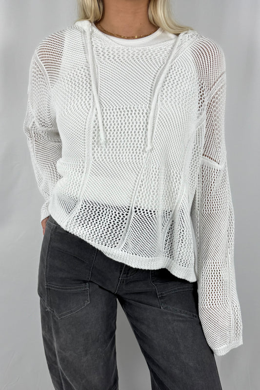 Damen Strick Sweatshirt mit Netzstruktur-Weiß
