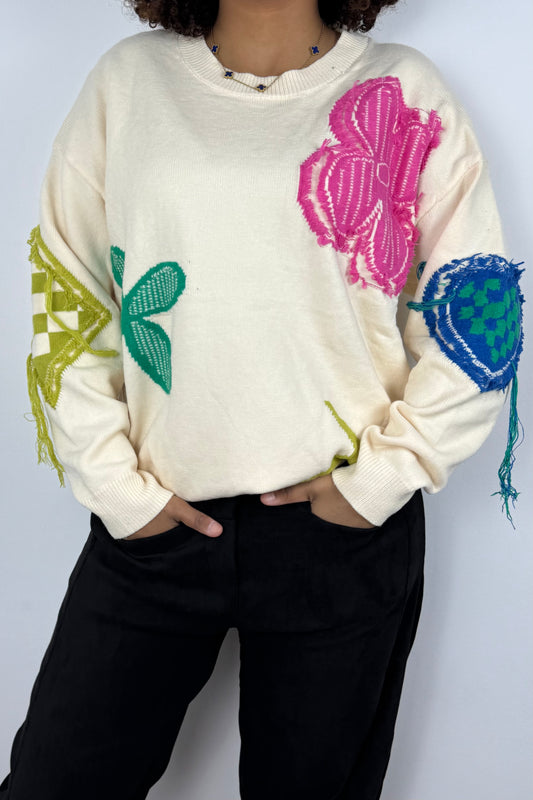 Strickpullover mit bunten Blumen-Details – Beige