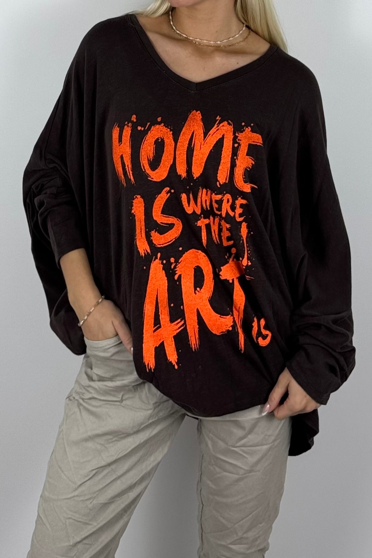 Damen Oversize-Shirt mit Statement-Print-Schoko