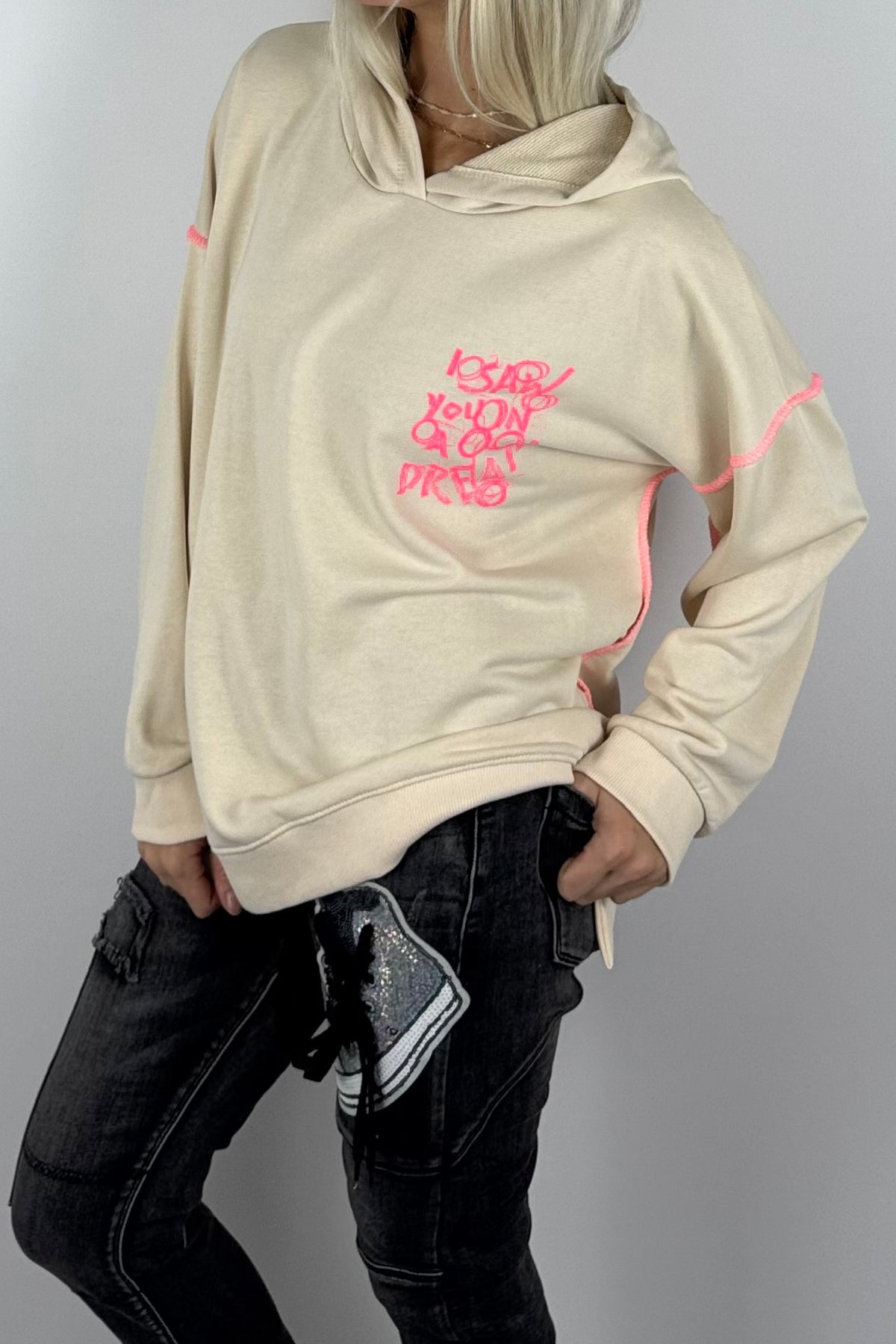 Damen-Hoodie mit Schriftprint und Ziernähten-Beige