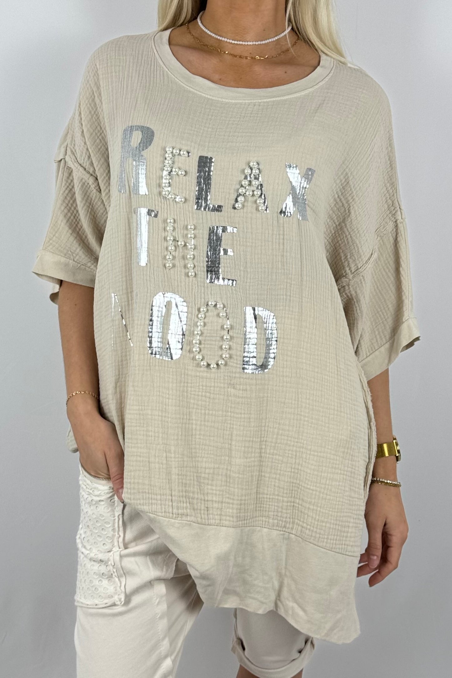 Oversize-Shirt „Relax The Mood“ aus Musselin-Beige