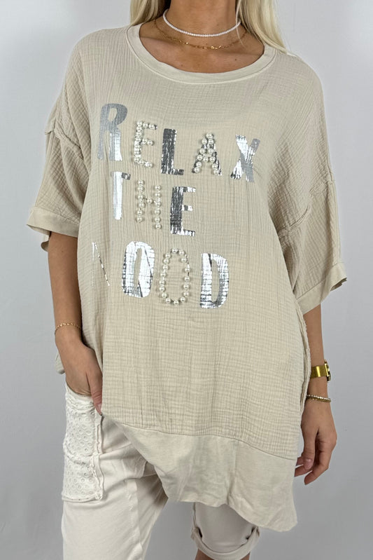 Oversize-Shirt „Relax The Mood“ aus Musselin-Beige