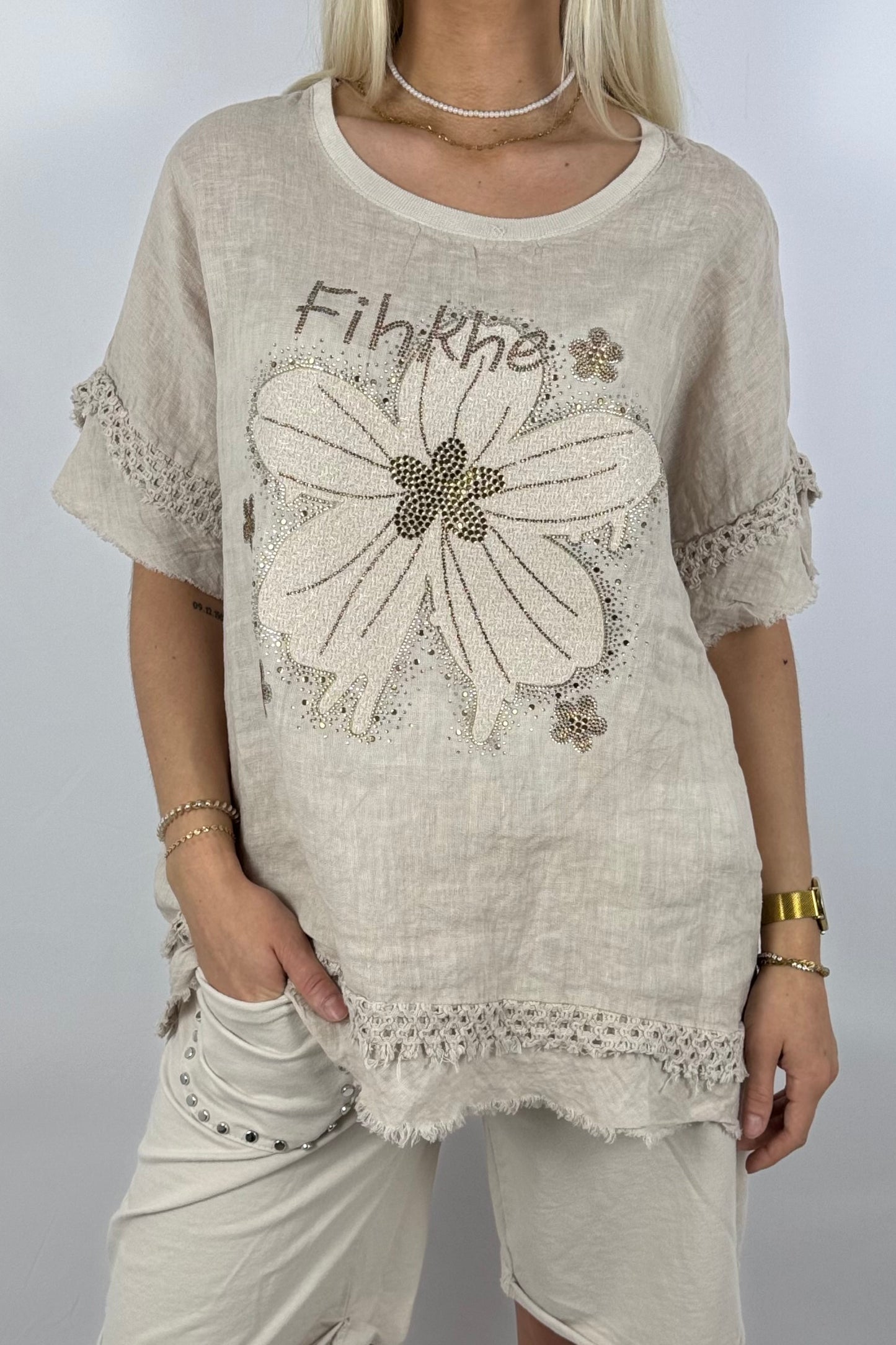 Leinen-Shirt mit Blumenprint & Häkel-Details-Beige
