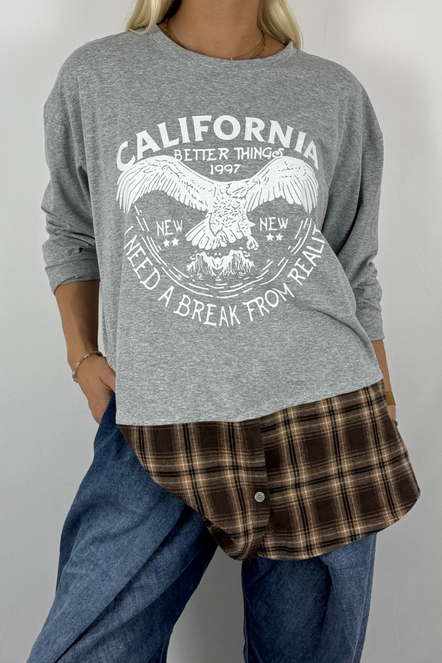 Damen Layering-Shirt „California“ – Karomuster-Look-Grau