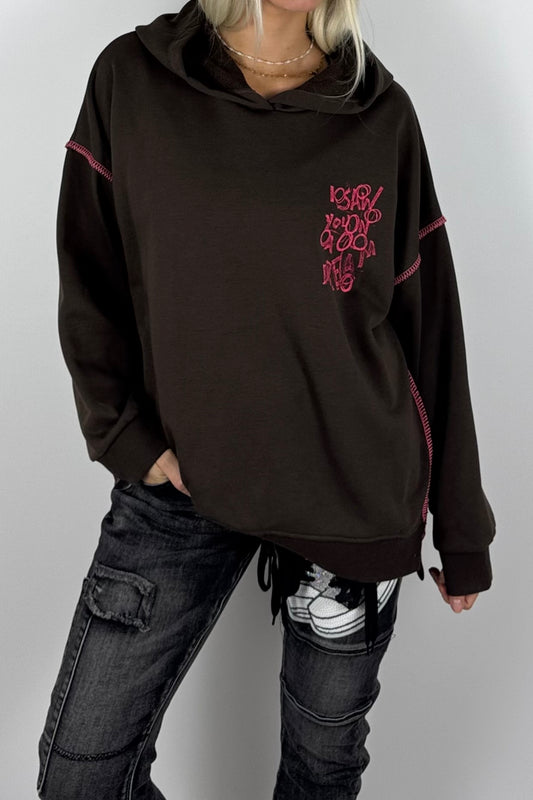Damen-Hoodie mit Schriftprint und Ziernähten-Schoko