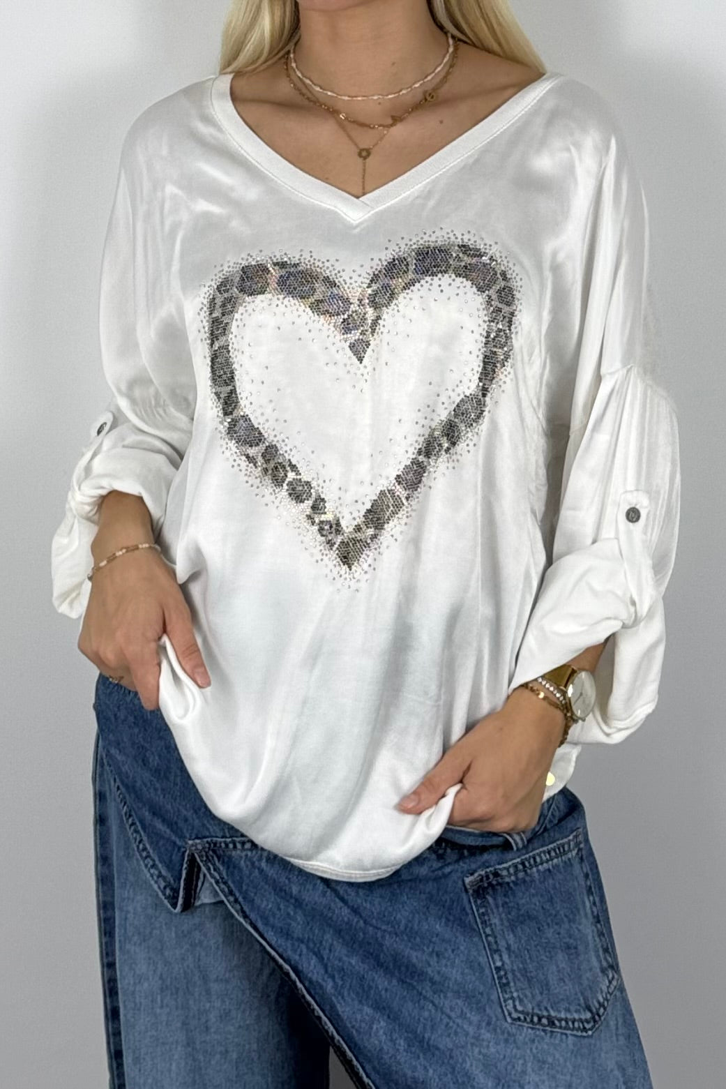 Damen Oversize Shirt mit Herz & Glitzer – Weiß