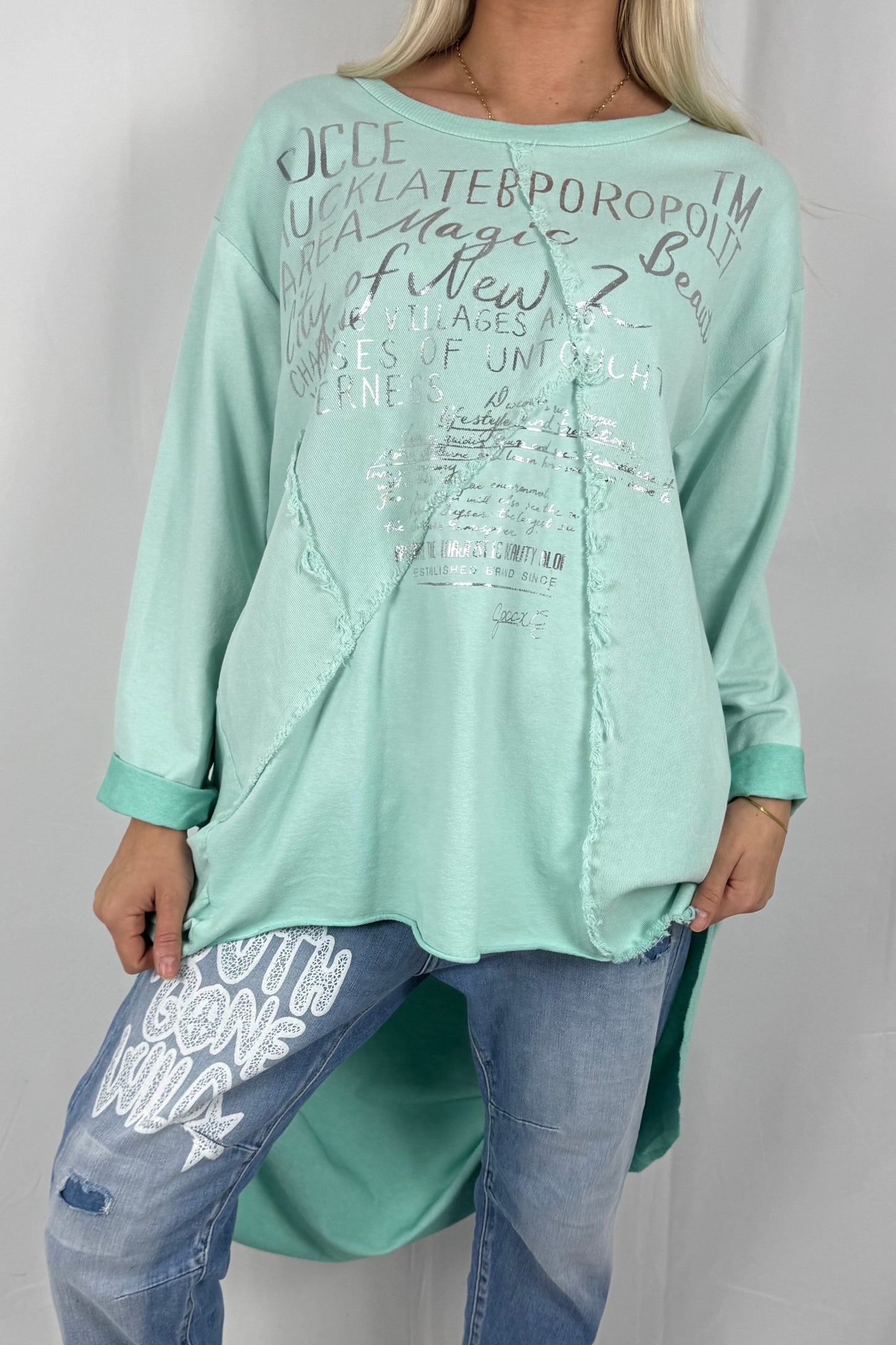 Damen Oversize Longshirt mit Schrift Print-Mint