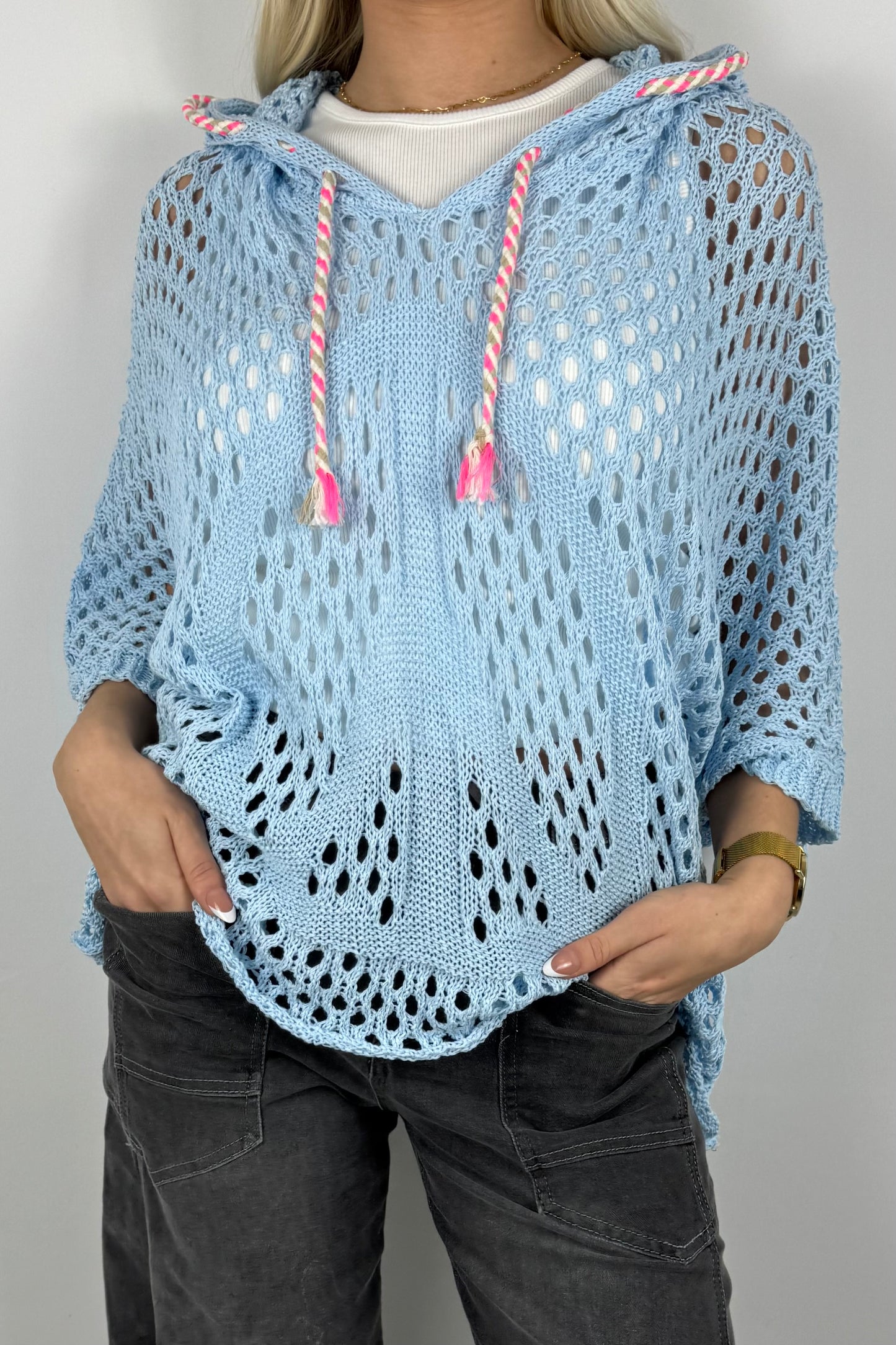 Häkel Hoodie Shirt mit Lochmuster Damen-Hellblau