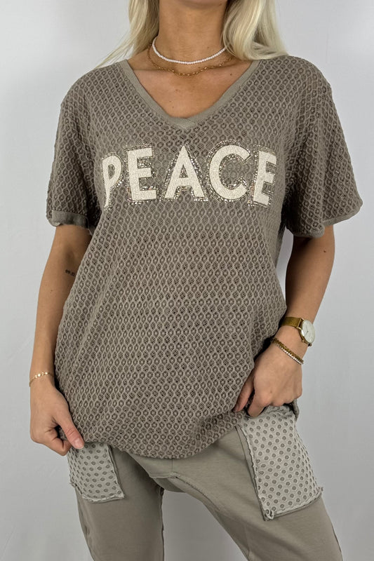 Netz-Shirt „PEACE“ mit Strass-Applikation-Mud