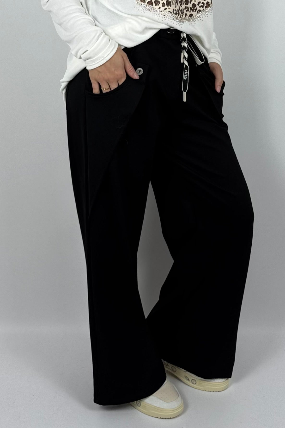 Damen Wide-Leg Hose mit Statement-Taschen – Schwarz