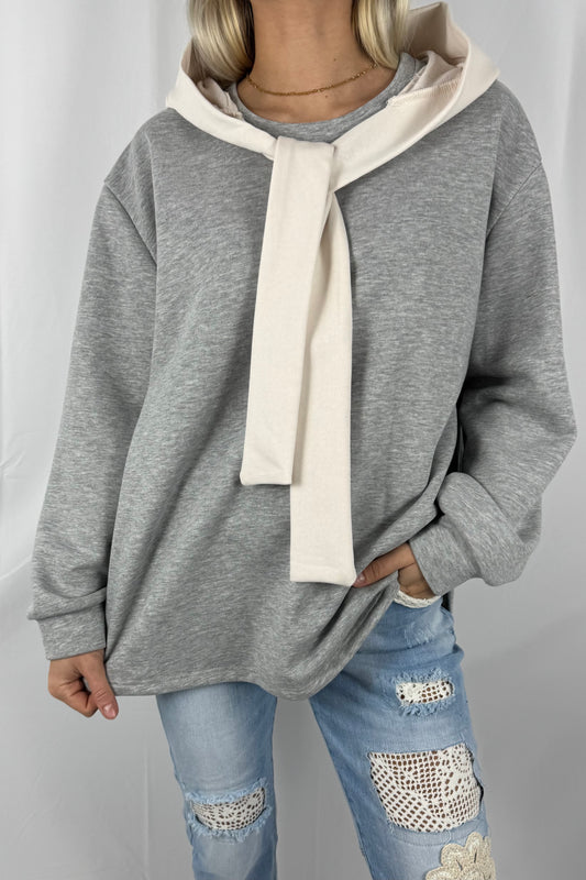 Oversize Pullover mit Schal-Detail-Grau