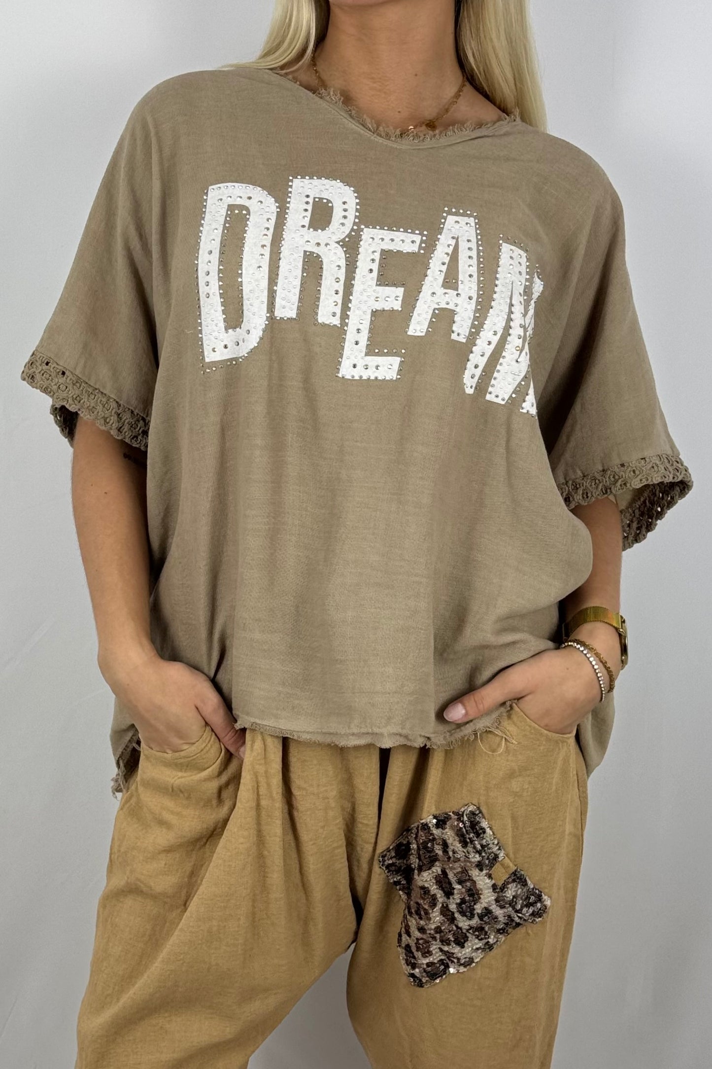 Leinen-Shirt „DREAM“ mit Strassdetails-Safari