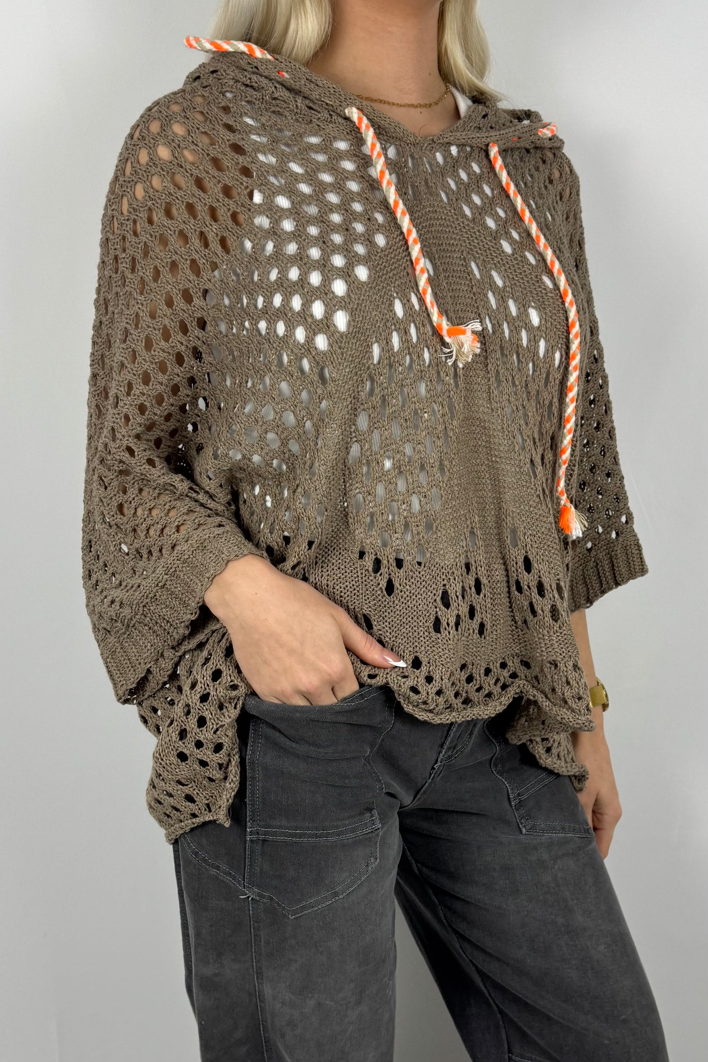 Häkel Hoodie Shirt mit Lochmuster Damen-Mud