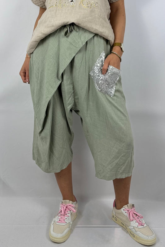 Leichte Wide-Leg-Hose mit Pailletten-Tasche-Khaki