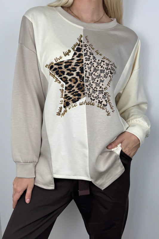 Langarmshirt mit Stern-Applikation-Beige