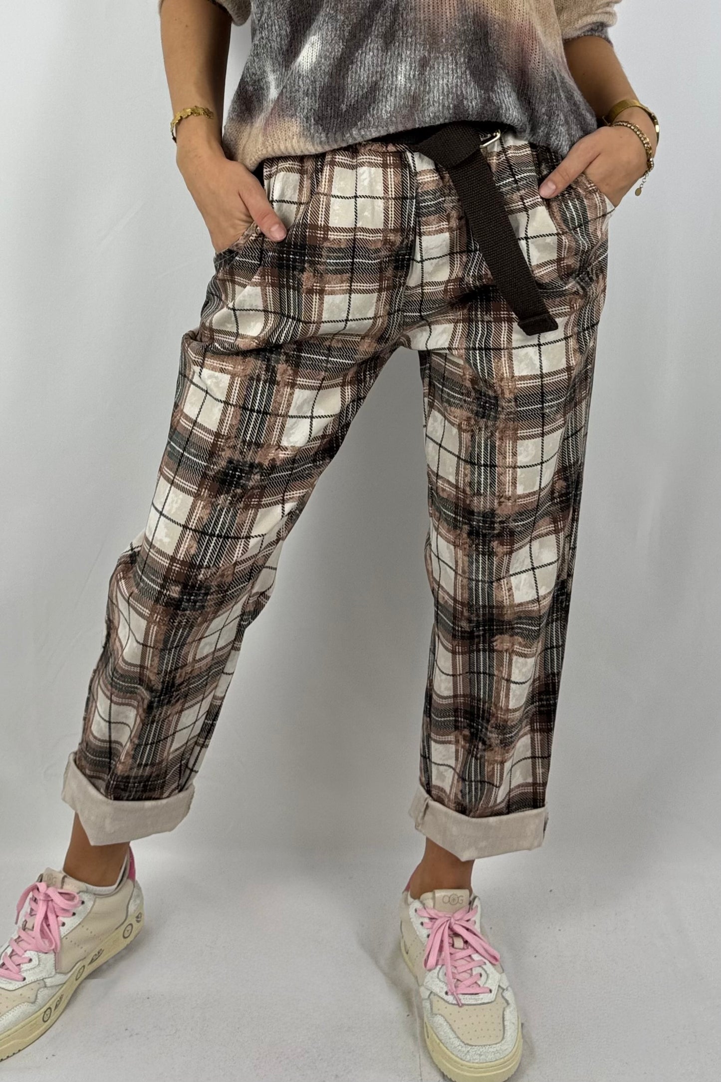 Damen Hose – Karomuster mit Gürtel-Schoko
