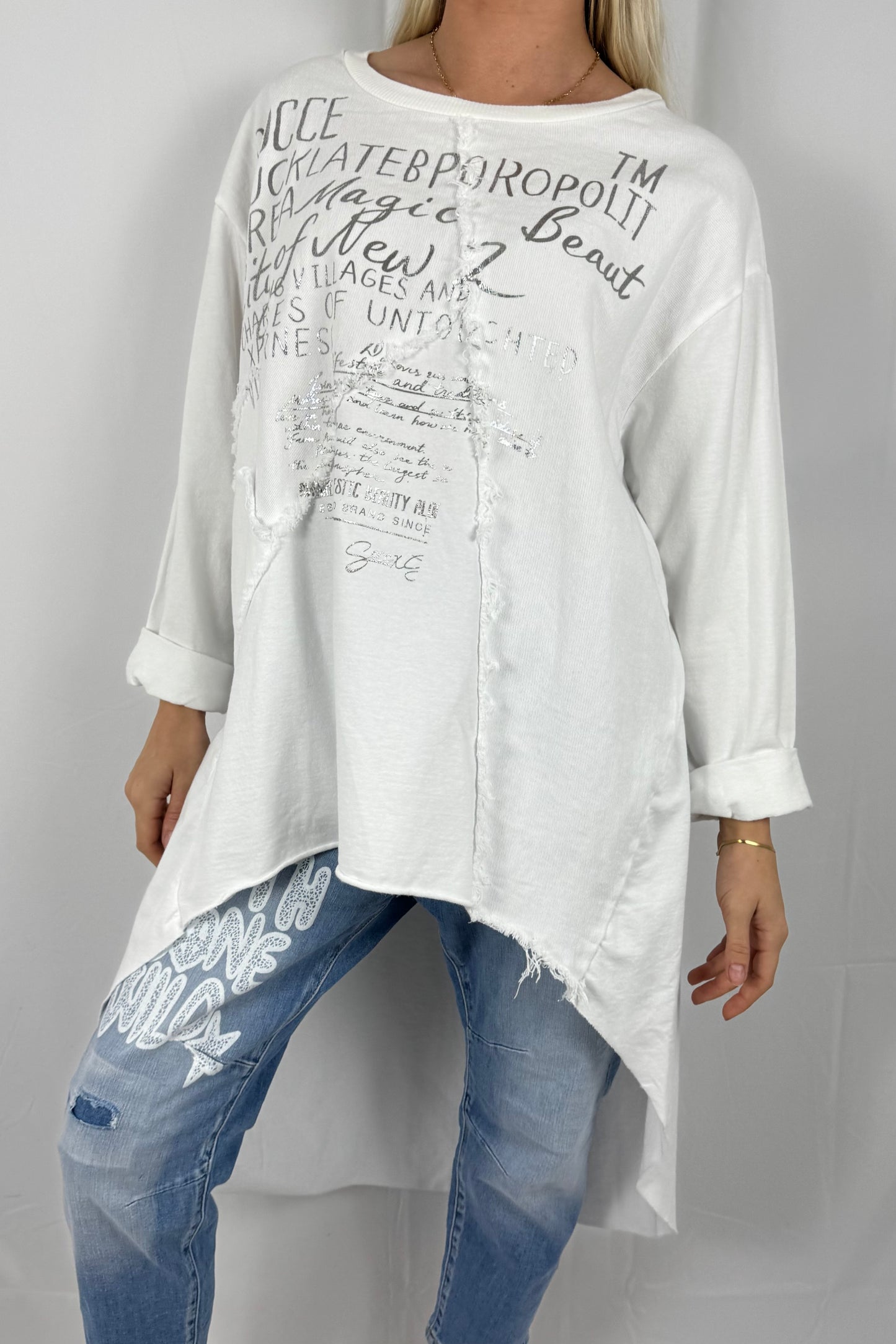 Damen Oversize Longshirt mit Schrift Print-Weiß