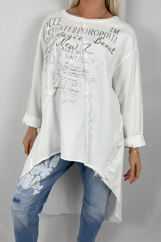 Damen Oversize Longshirt mit Schrift Print-Weiß