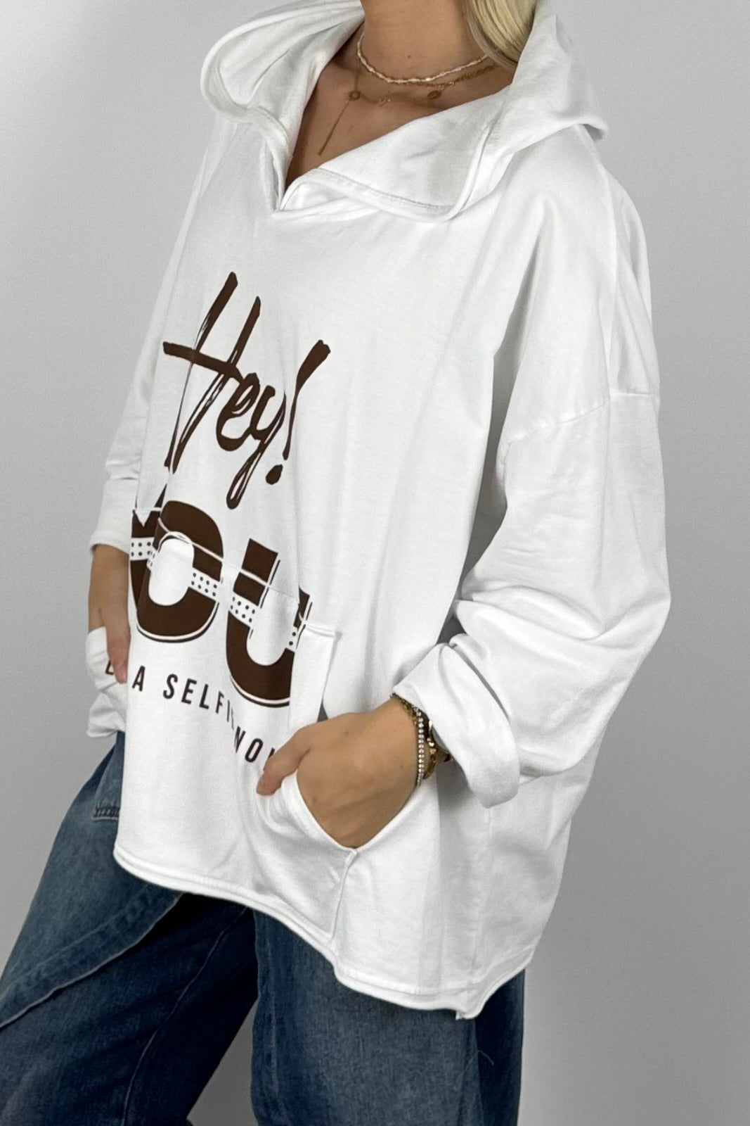 Damen Oversize Hoodie „Hey You“ mit Kapuze – Weiß