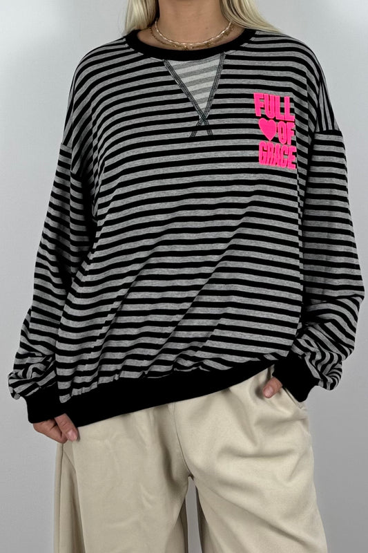 Oversize Streifen-Shirt mit „Full of Grace“-Grau