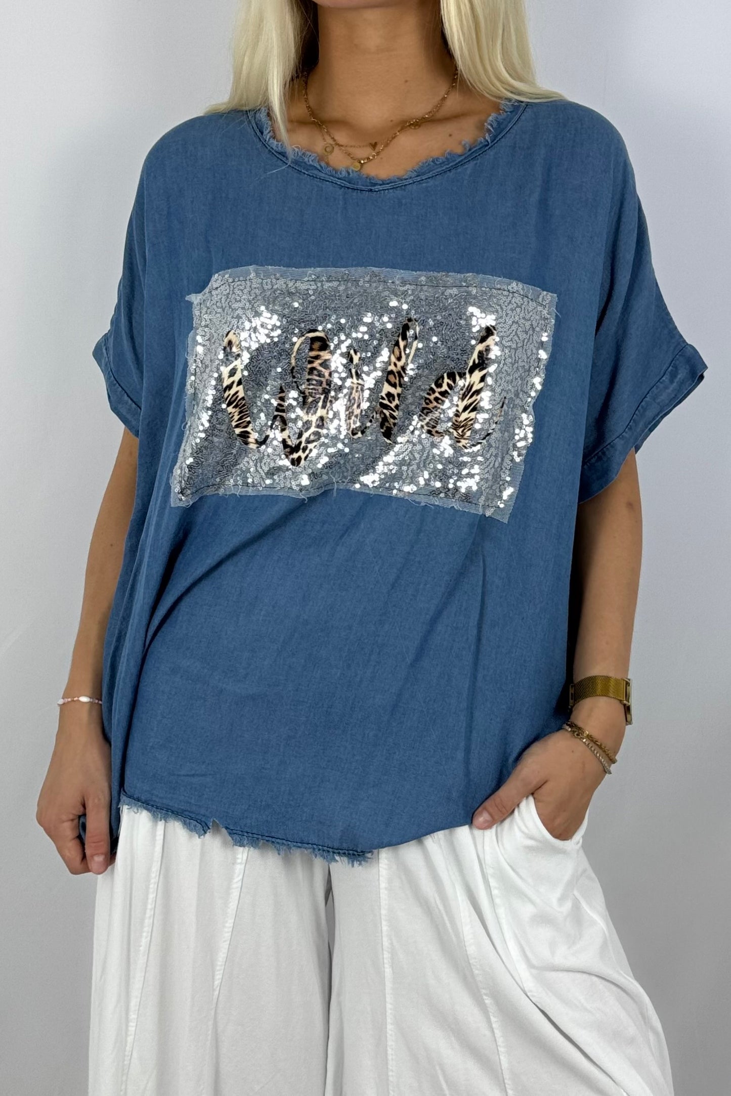 Oversize Tencel-Shirt „Wild“ mit Pailletten-Applikation-Blau