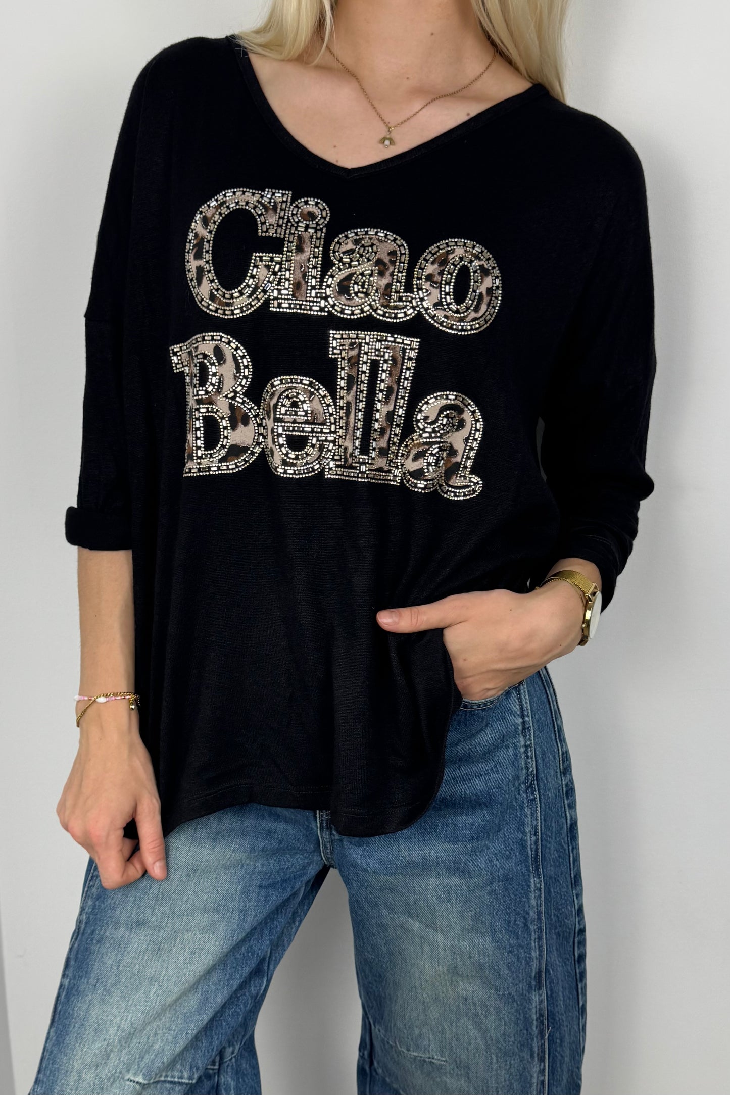 Shirt mit „Ciao Bella“ Print-Schwarz