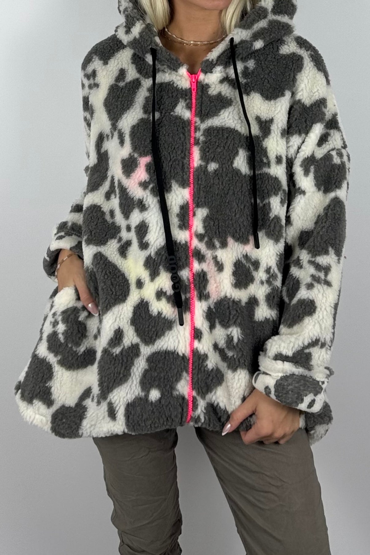 Damen Teddyjacke mit Kapuze-Hell grau