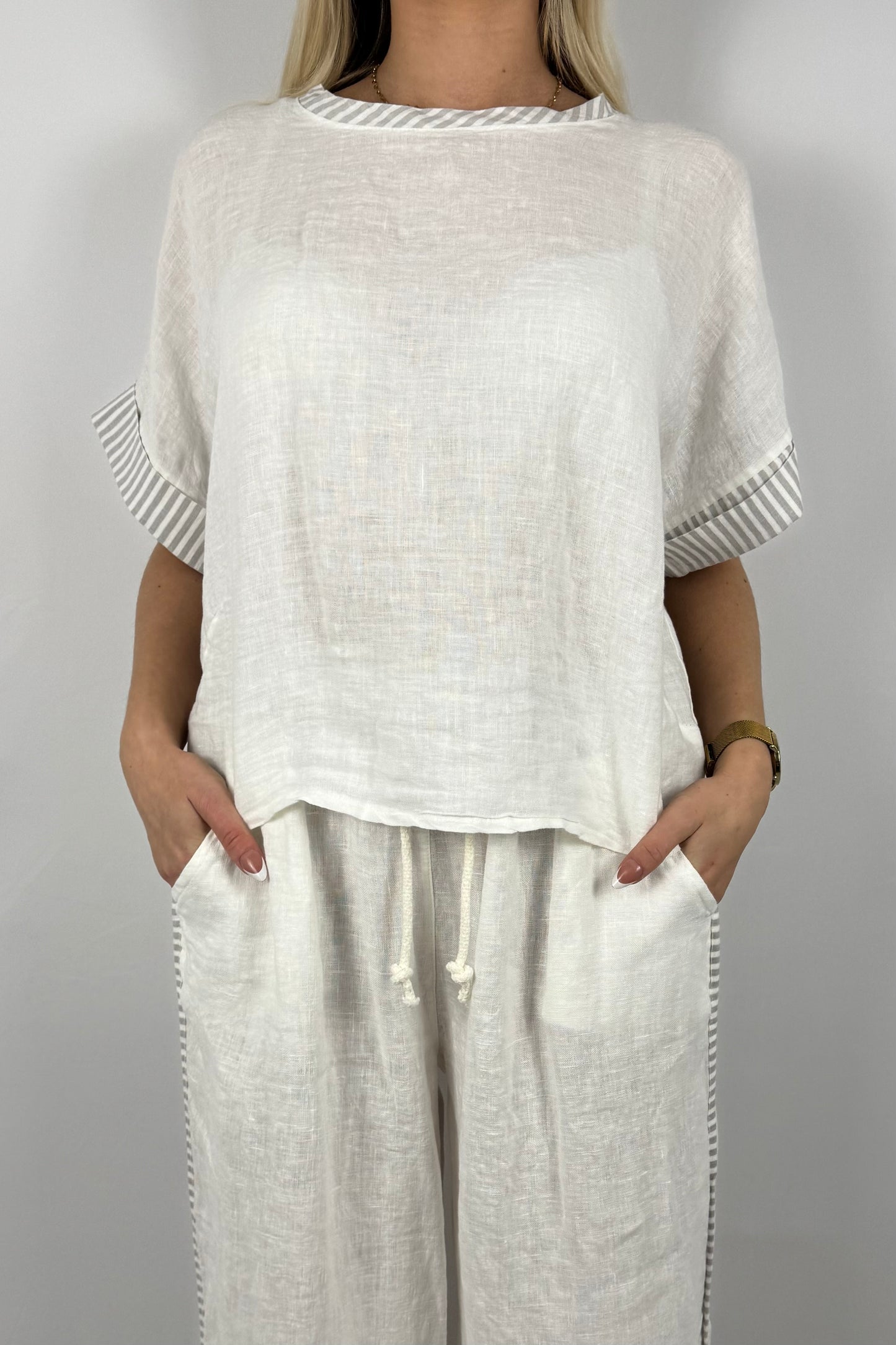 Leinen Shirt mit Streifen Detail-Weiß