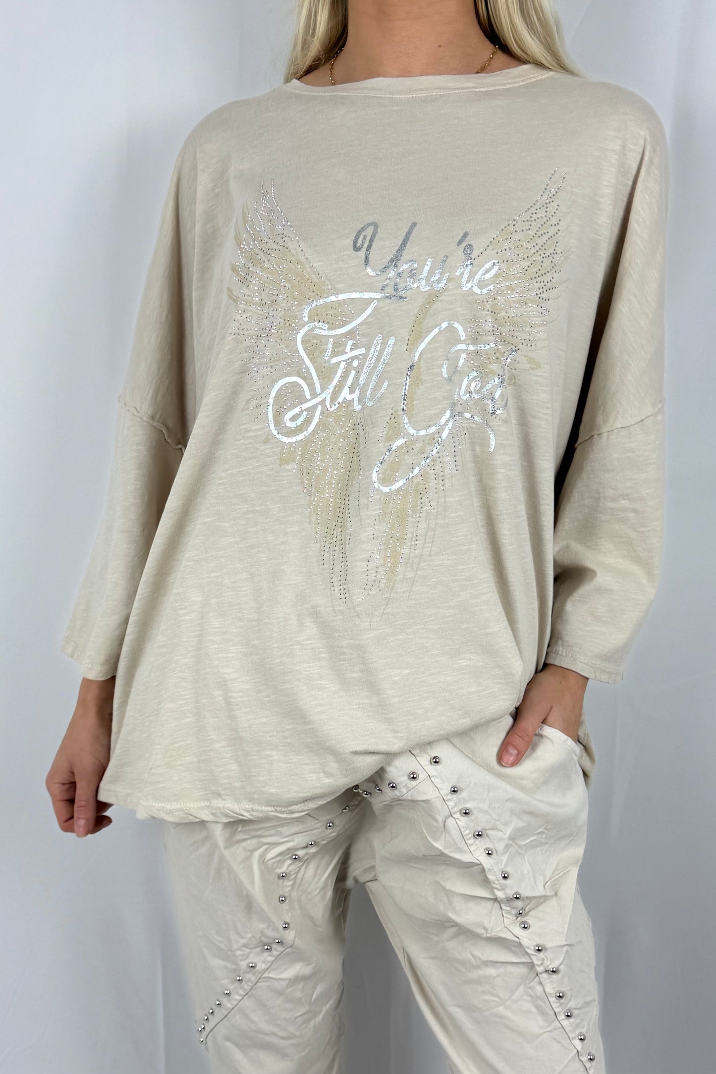 Damen Oversize Shirt mit You’re Still Good Print-Beige