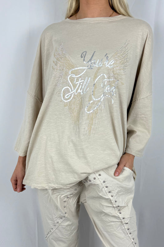 Damen Oversize Shirt mit You’re Still Good Print-Beige