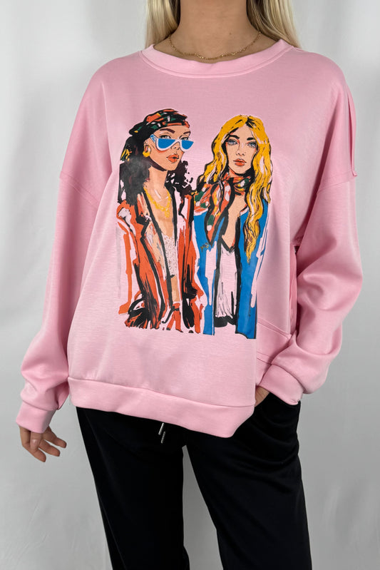 Oversize Damen Sweatshirt mit Fashion Print-Rosa