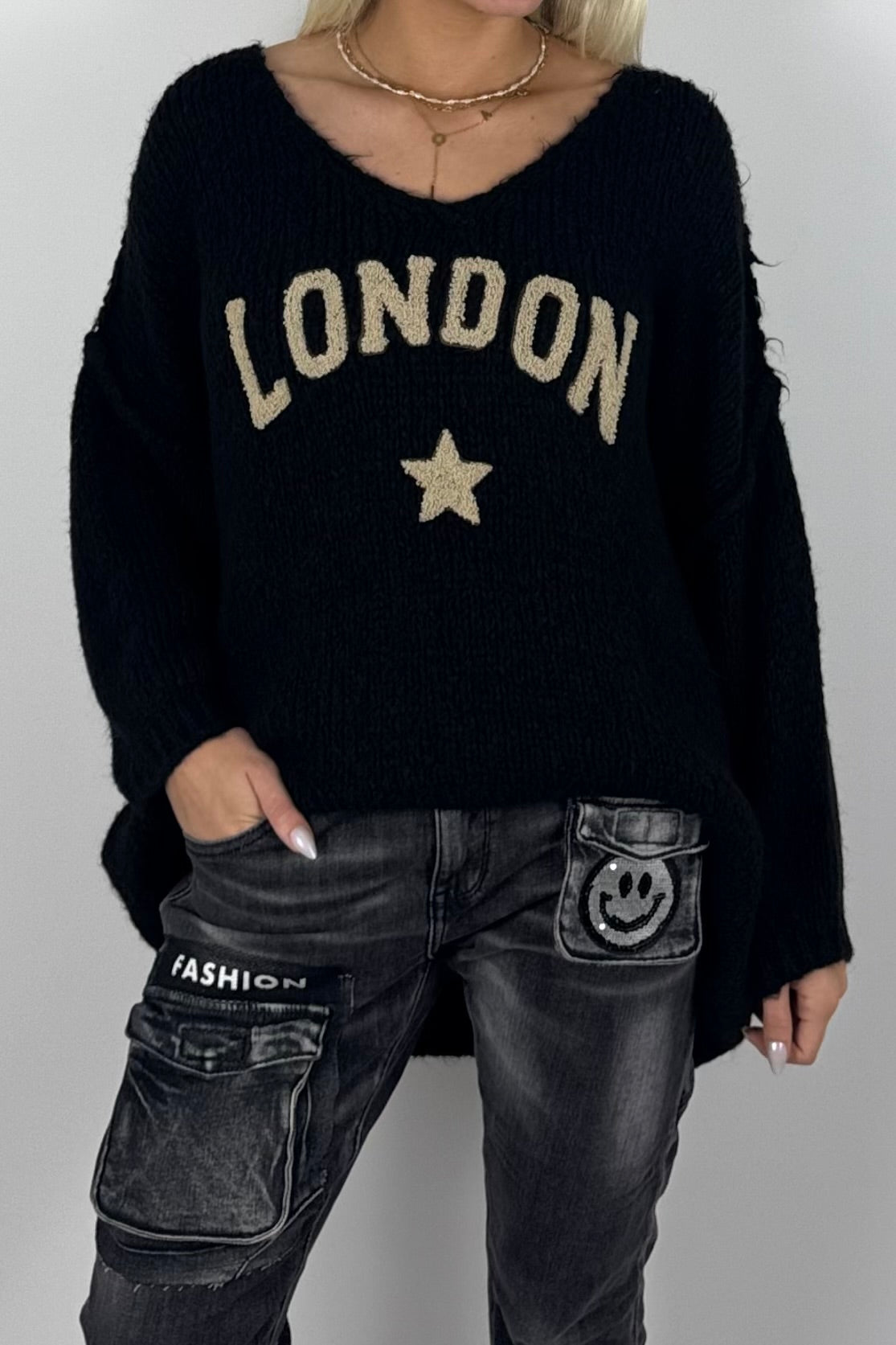 Damen Oversize Strickpullover mit London-Schriftzug –Schwarz