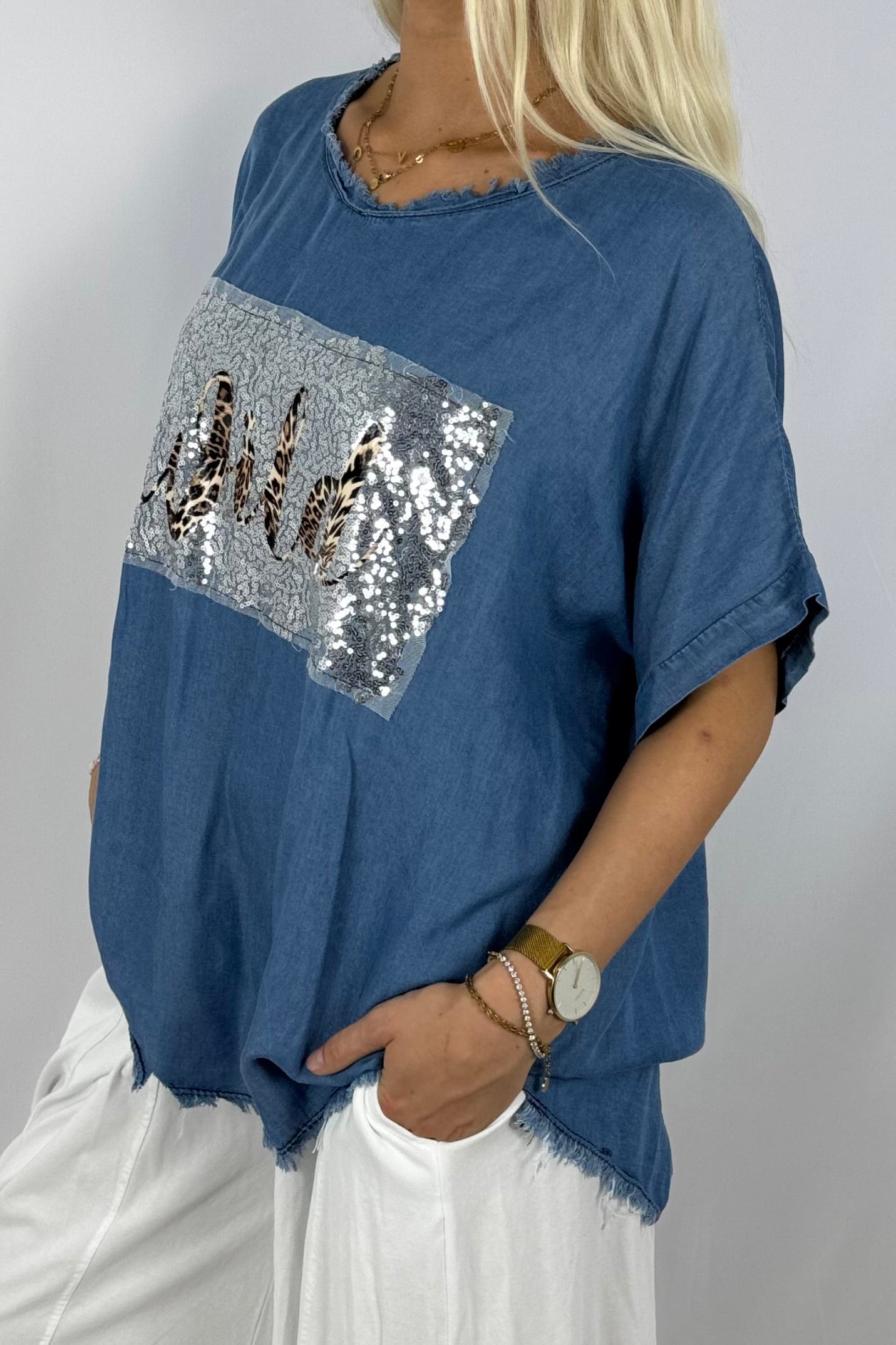 Oversize Tencel-Shirt „Wild“ mit Pailletten-Applikation-Blau